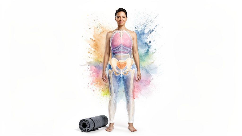 Visualisierung einer Frau mit sichtbaren Lungen und Beckenorganen vor einem farbenfrohen Aquarellhintergrund, daneben eine Yogamatte.